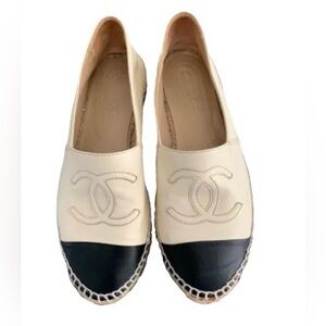 CHANEL Women's Black and Cream CC Logo Espadrilles Lambskin Leather